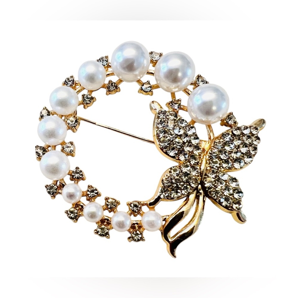 Gold-Toned Faux Pearl & Rhinestone Butterfly Brooch